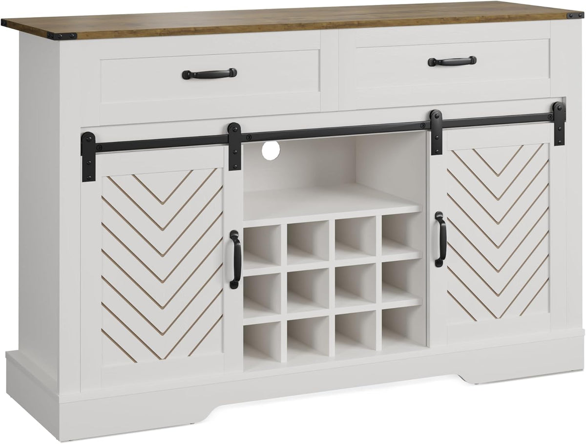 White & Oak Sideboard Cabinet with Sliding Barn Door, 3 Drawers M9465
