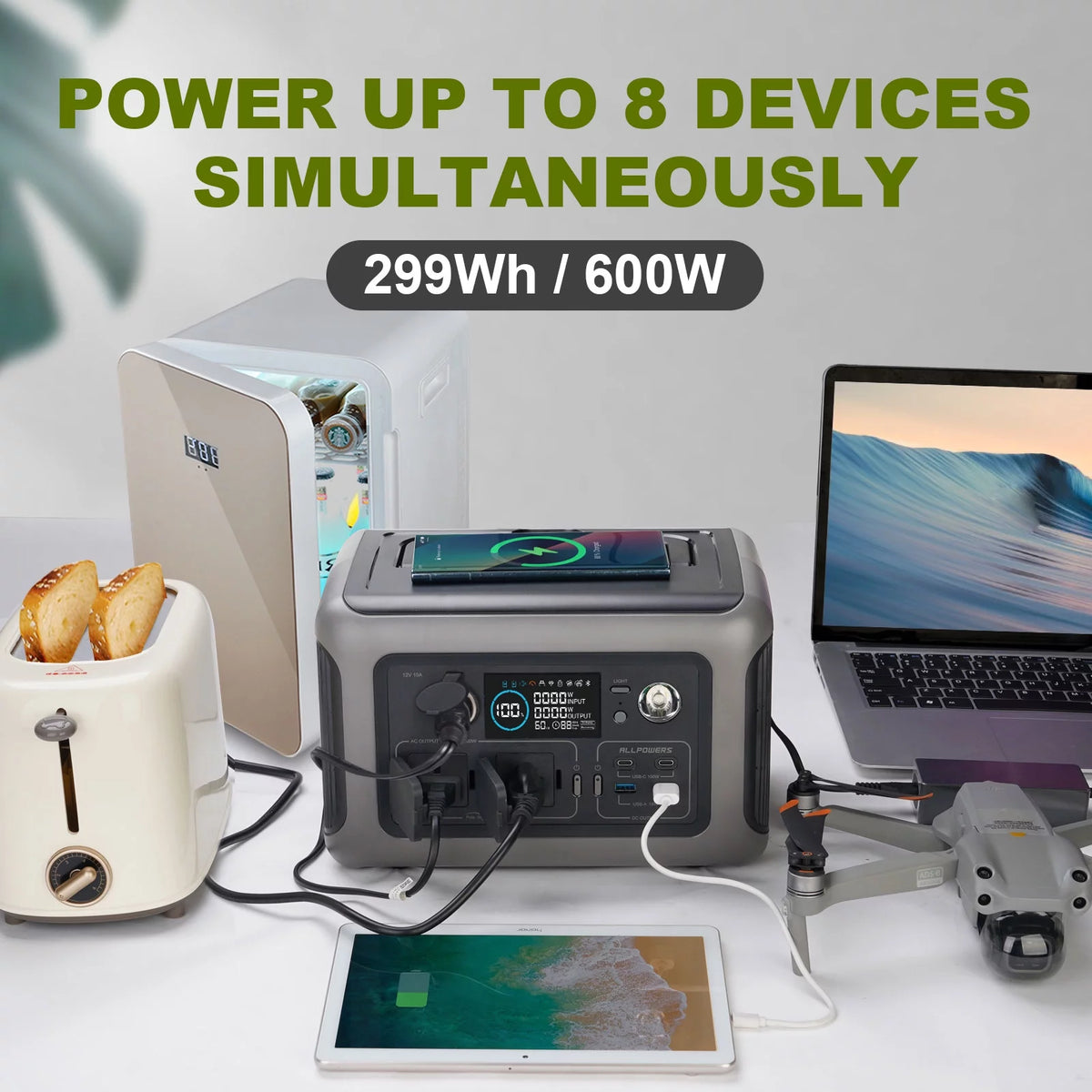 Portable Power Station 600W 299Wh LiFePO4 Battery Wireless Charging Solar Generator J81139