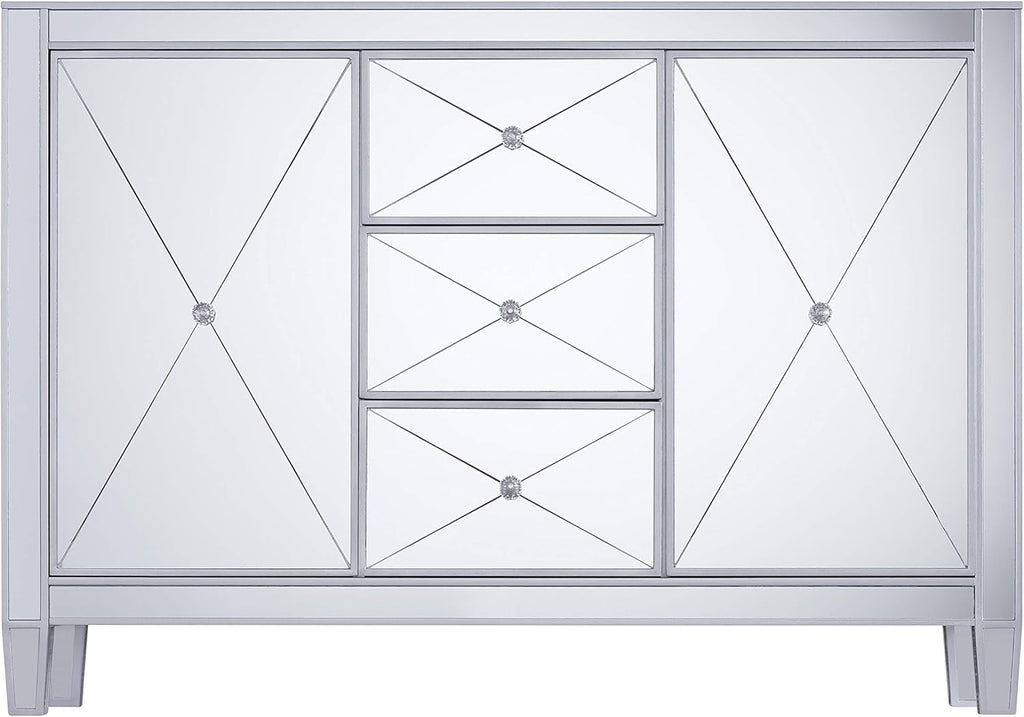 Mirrored 3 Drawers Cabinet with Faux Crystal Knobs and Matte Silver Trim M495
