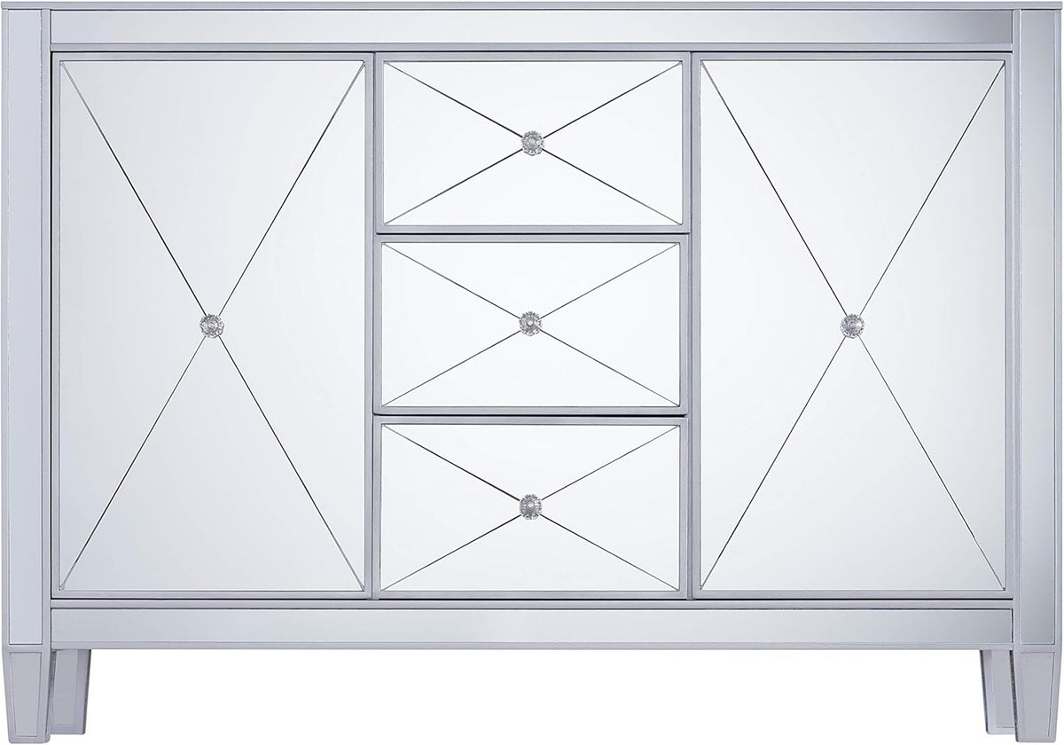 Mirrored 3 Drawers Cabinet with Faux Crystal Knobs and Matte Silver Trim M495