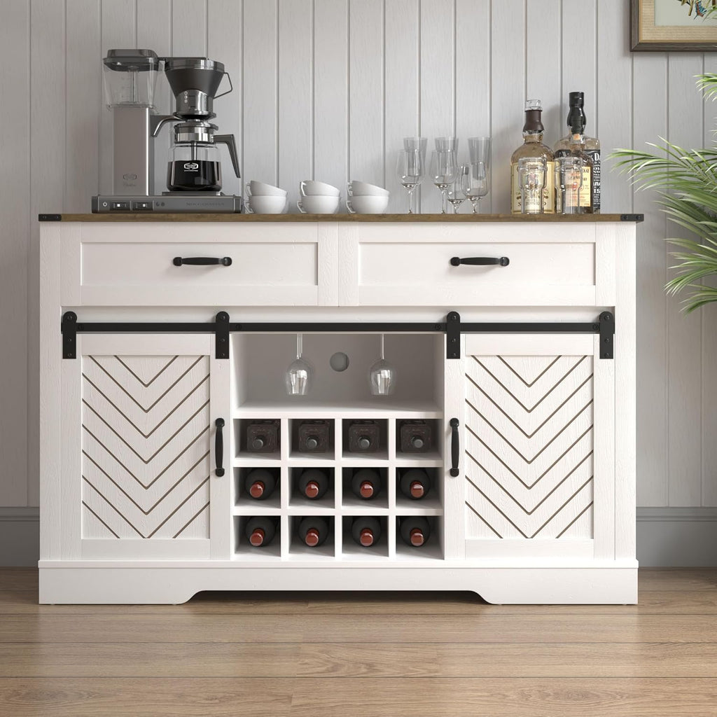White & Oak Sideboard Cabinet with Sliding Barn Door, 3 Drawers M9465