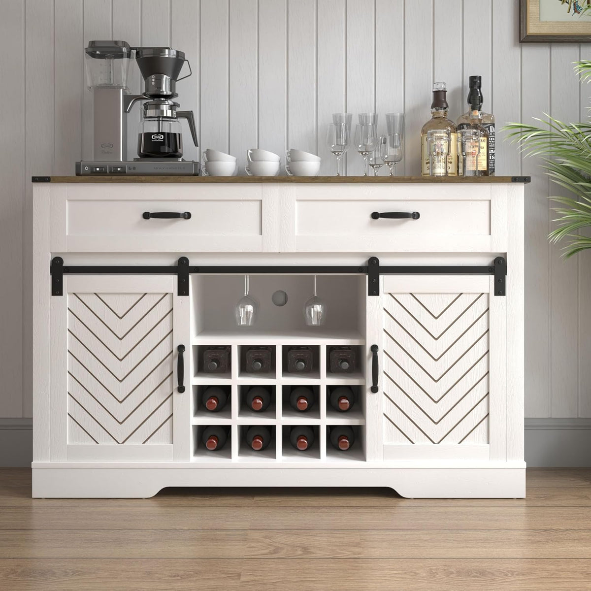 White & Oak Sideboard Cabinet with Sliding Barn Door, 3 Drawers M9465
