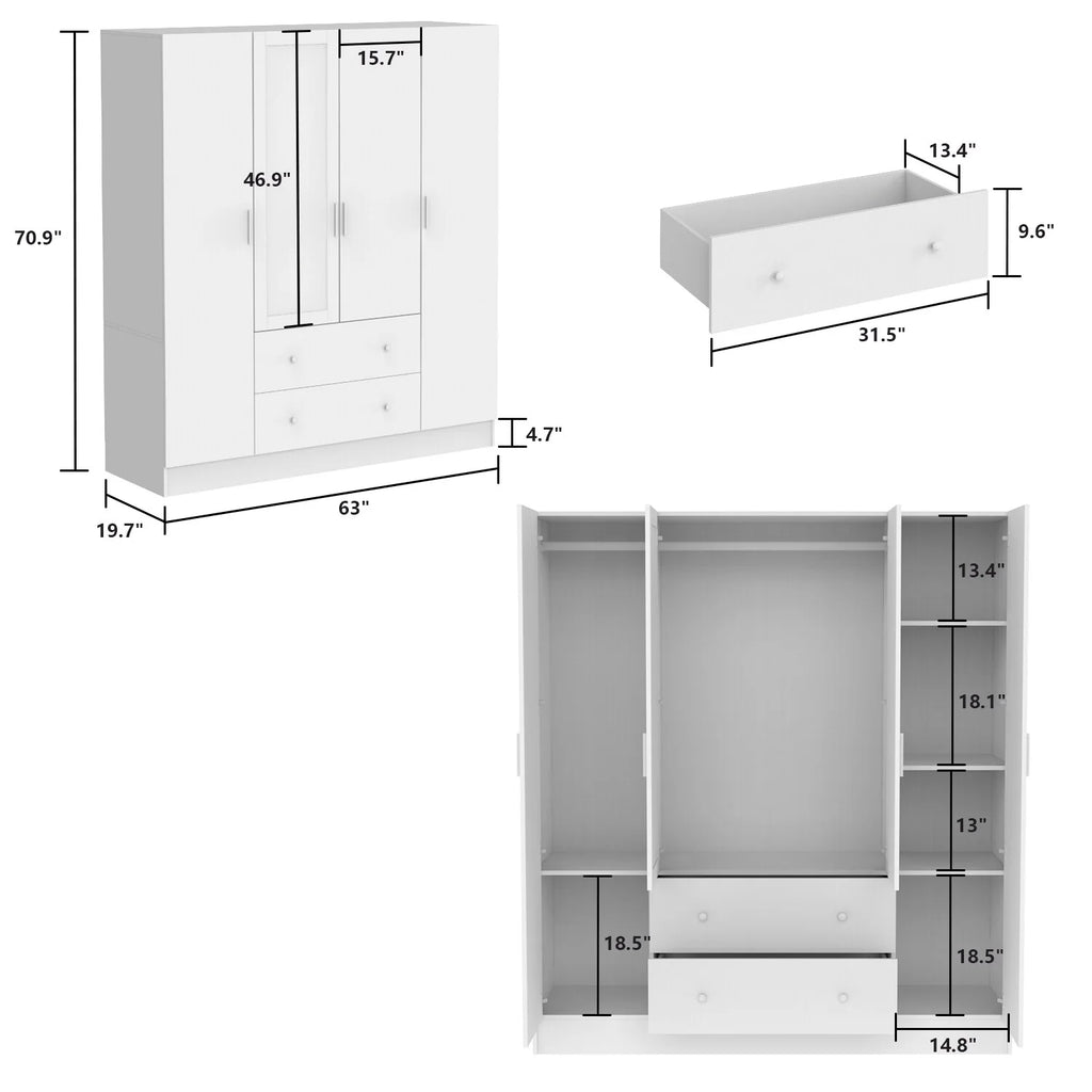 White 4 Door 2 Drawer Wooden Wardrobe with Mirror X75098