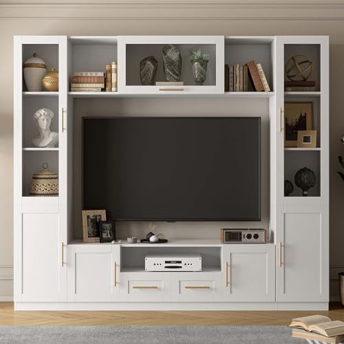 White TV Stand with Glass Doors & Shelves K902