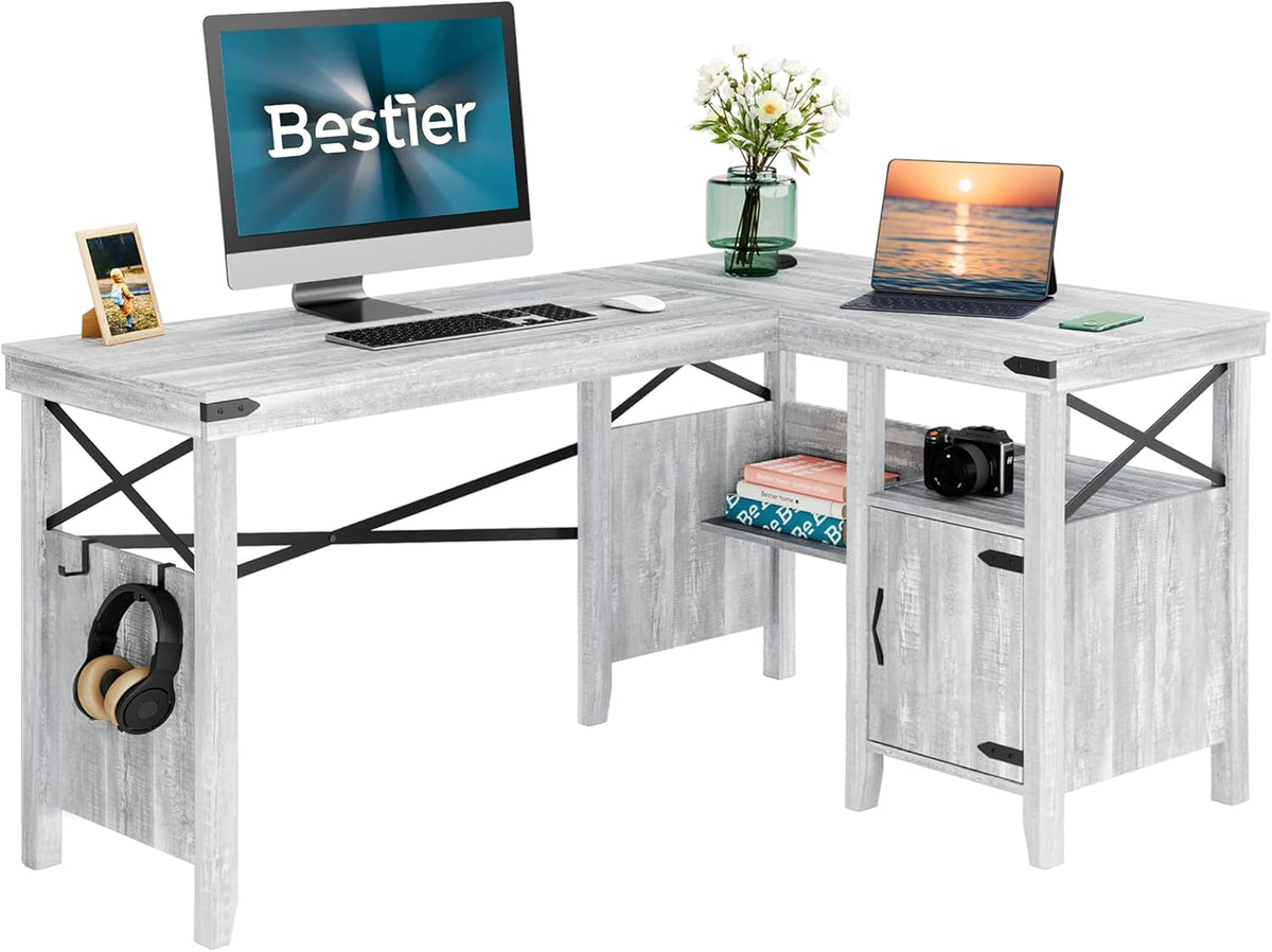 White 55 Inch Computer Desk with Storage Cabinet I84246