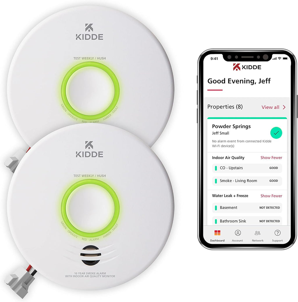 Smart Smoke Detector Indoor Air Quality Monitor WiFi Hardwired with Battery Backup Voice App Alerts 2 Pack Q364