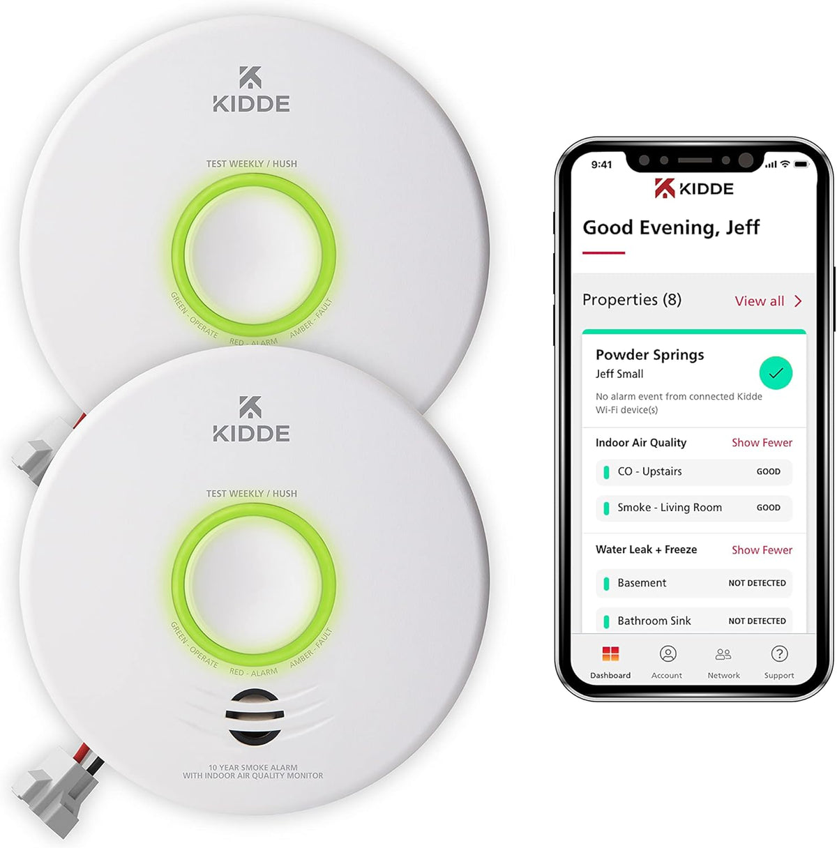 Smart Smoke Detector Indoor Air Quality Monitor WiFi Hardwired with Battery Backup Voice App Alerts 2 Pack Q364