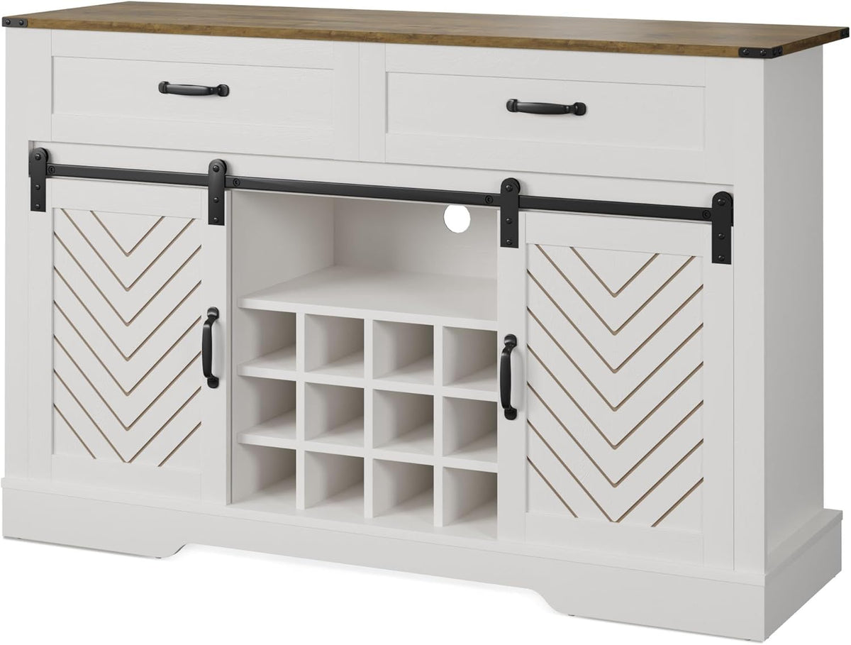 White & Oak Sideboard Cabinet with Sliding Barn Door, 3 Drawers M9465