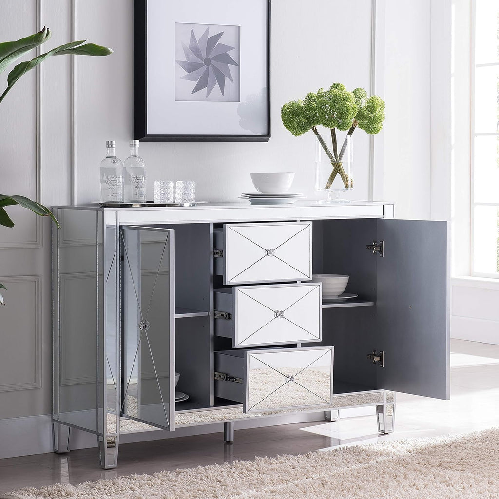 Mirrored 3 Drawers Cabinet with Faux Crystal Knobs and Matte Silver Trim M495