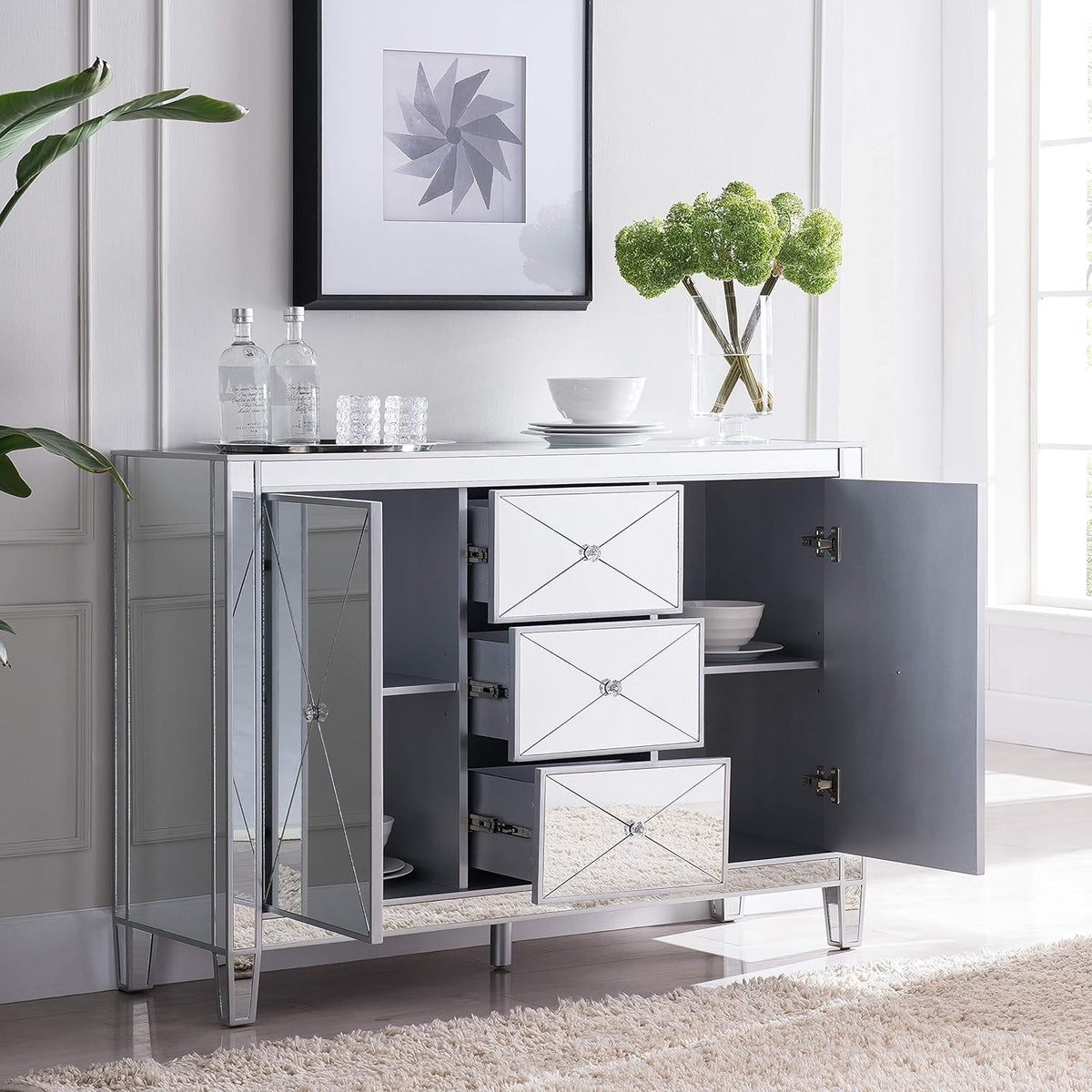 Mirrored 3 Drawers Cabinet with Faux Crystal Knobs and Matte Silver Trim M495