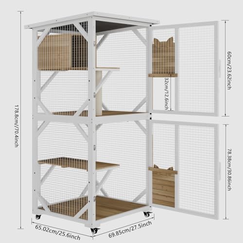 White Cat House Catio Outdoor Enclosure with Waterproof Roof on Wheels J5276