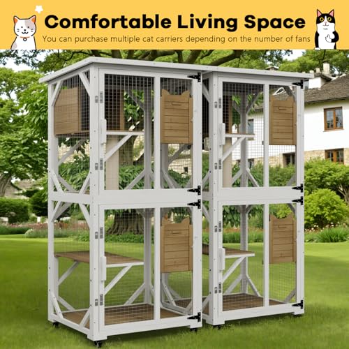 White Cat House Catio Outdoor Enclosure with Waterproof Roof on Wheels J5276