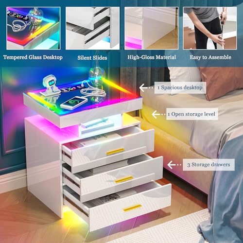 Black LED Nightstand with 3 Drawers and Wireless Charging D285