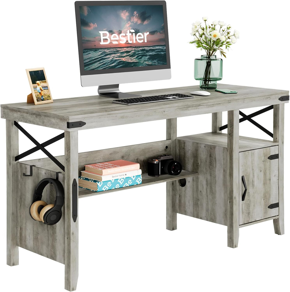 White 55 Inch Computer Desk with Storage Cabinet I84246