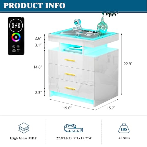 Black LED Nightstand with 3 Drawers and Wireless Charging D285