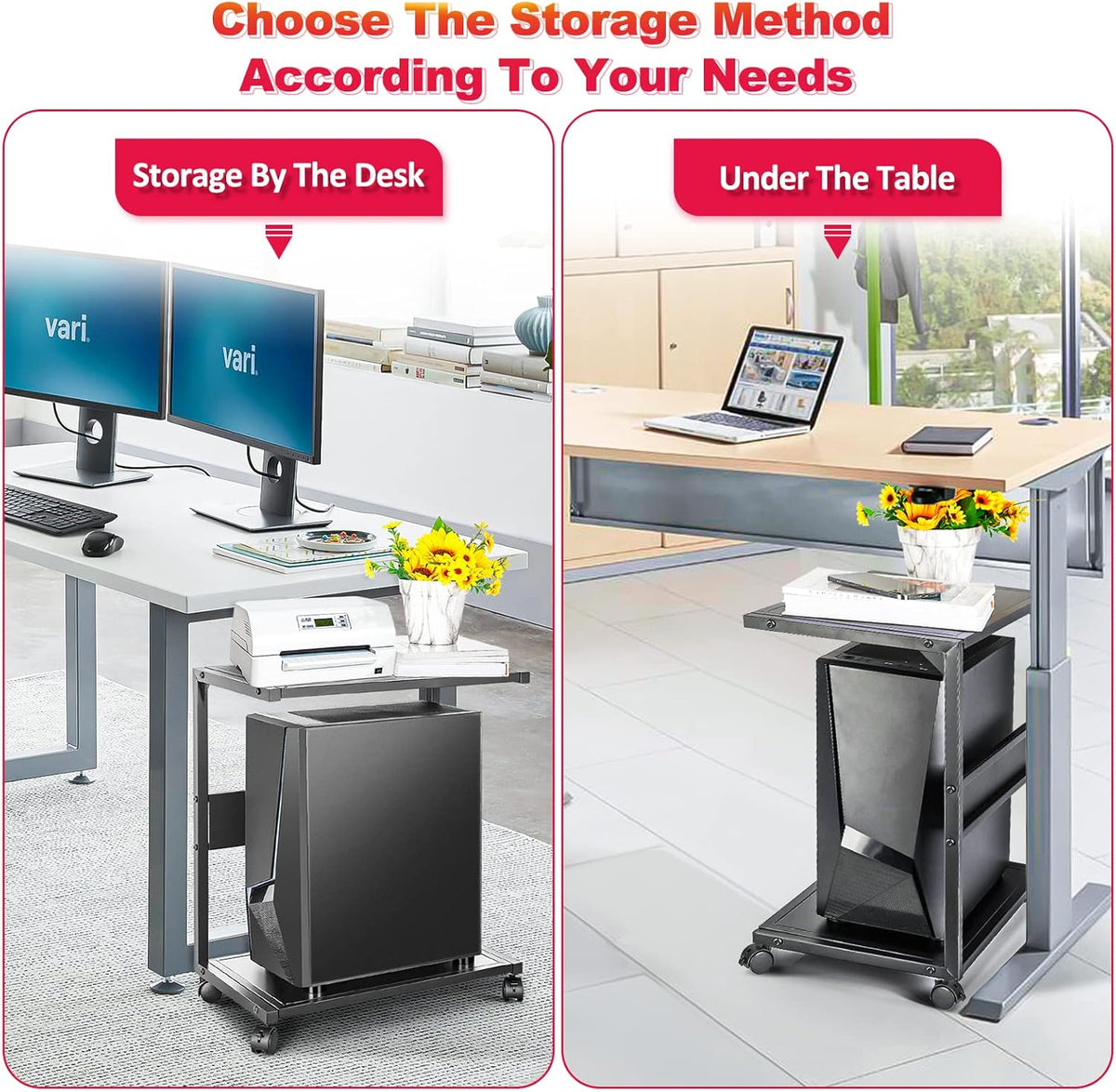 2-Tier Metal PC Stand with Locking Caster Wheels I430