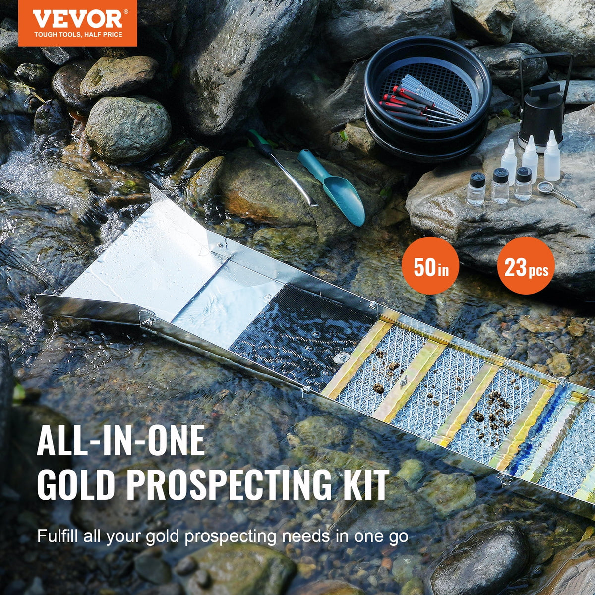 50" Folding Aluminum Alloy Sluice Box with 23 PCS Gold Prospecting Kit G212