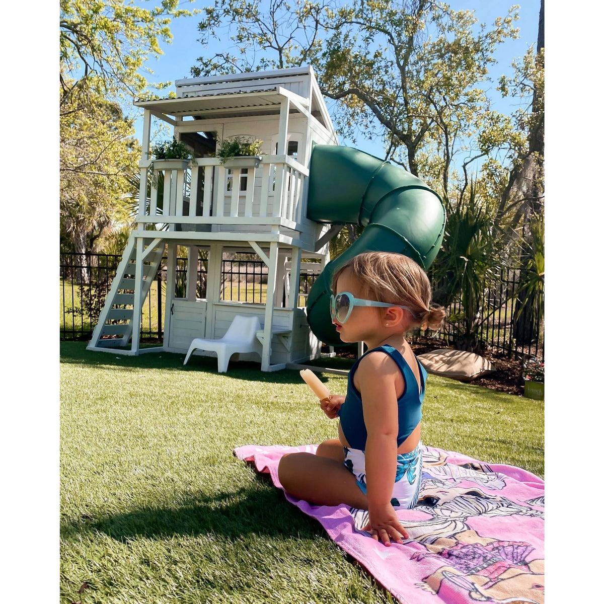 Wooden Outdoor Two-Story Playhouse with Slide, Kitchen, Rock Wall and Bench H791