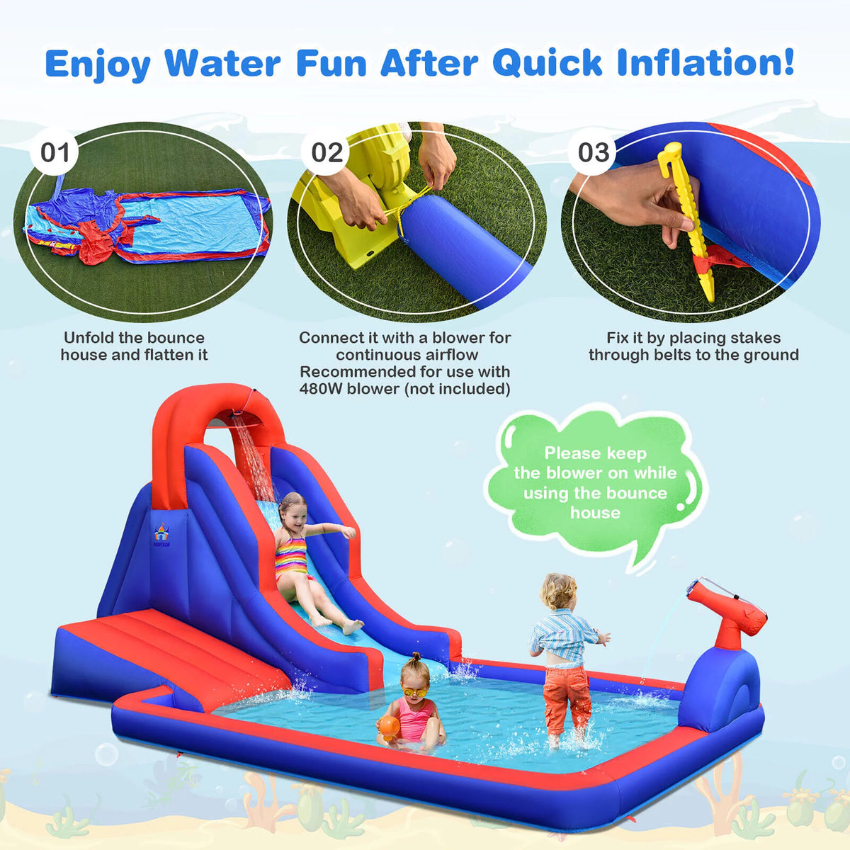 Inflatable Water Slide Park with Climb Slide Pool & 2 Swim Rings U312170