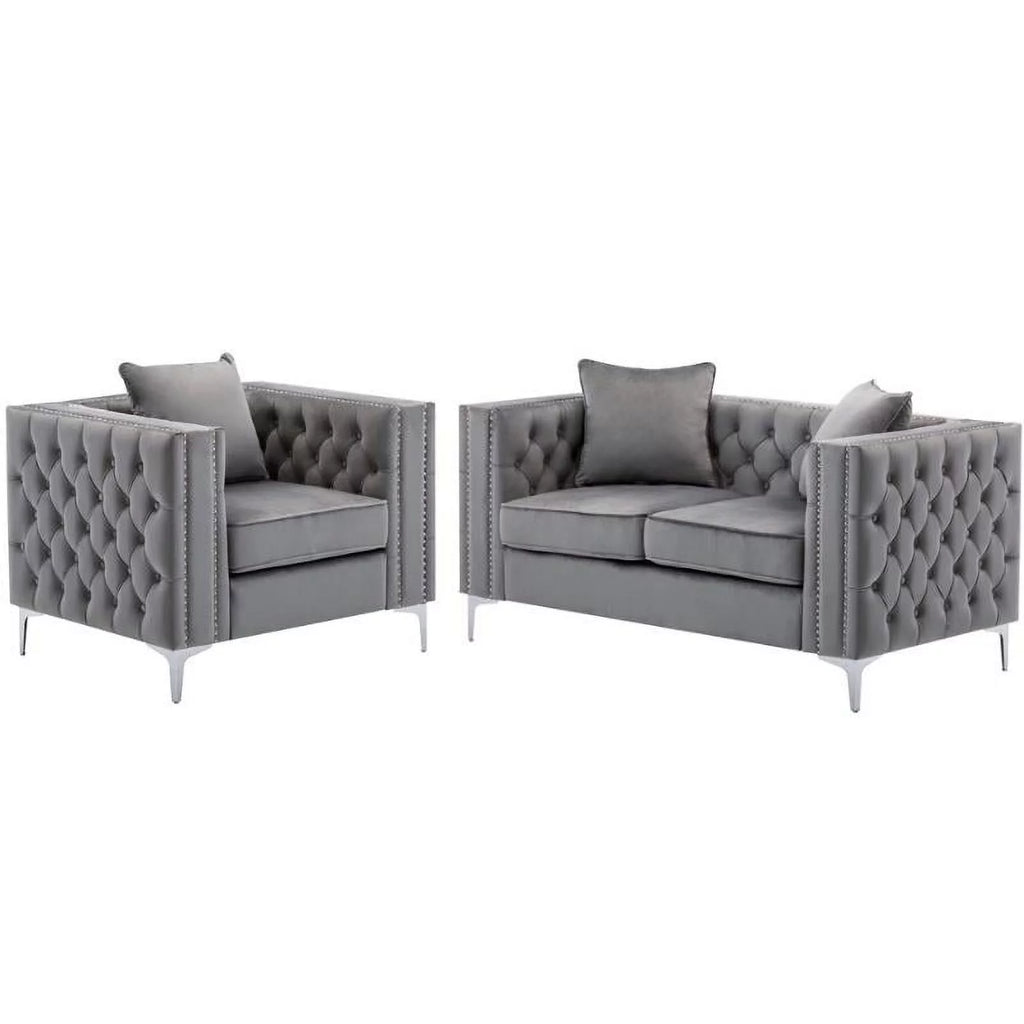2 Piece Velvet Loveseat and Chair Set in Gray C3585