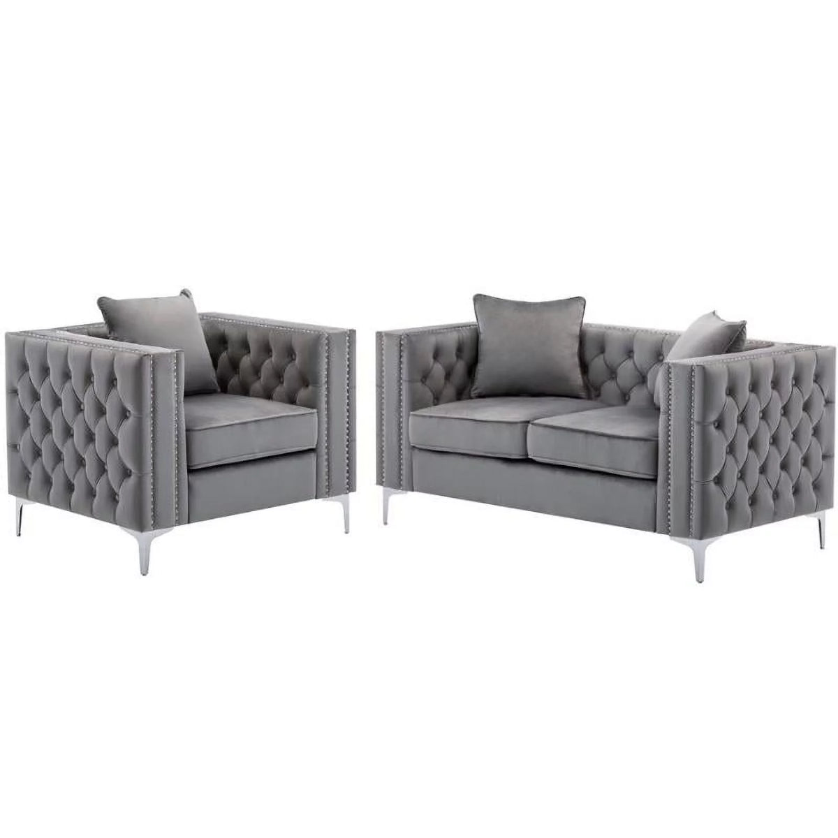 2 Piece Velvet Loveseat and Chair Set in Gray C3585
