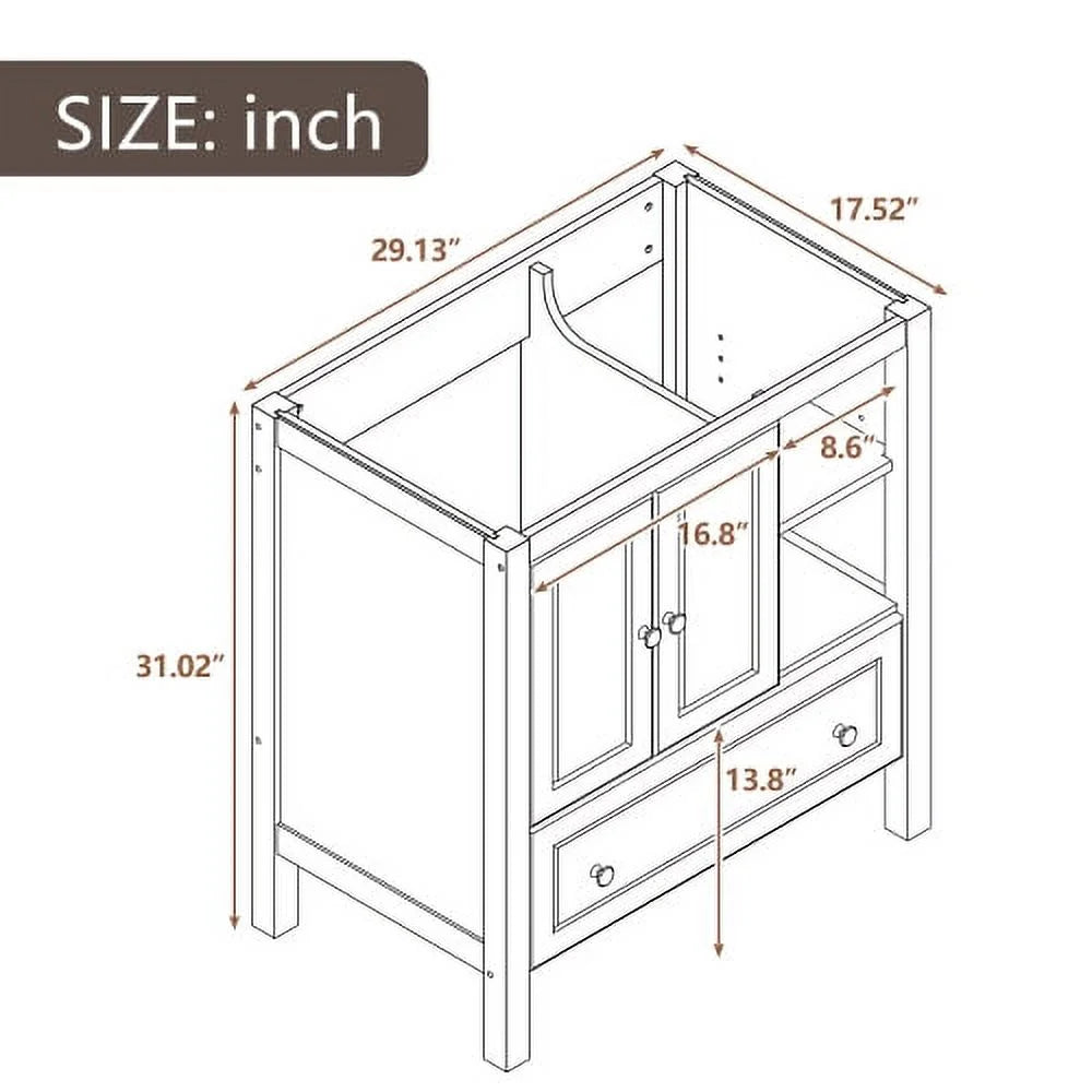 30" Grey Solid Wood Bathroom Vanity Base Only N9654