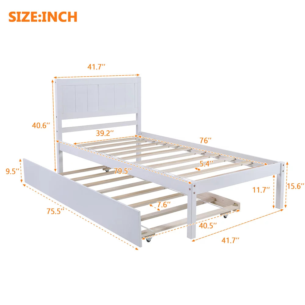 White Twin Platform Bed with Trundle, Solid Wood Bed Frame with Headboard P42780