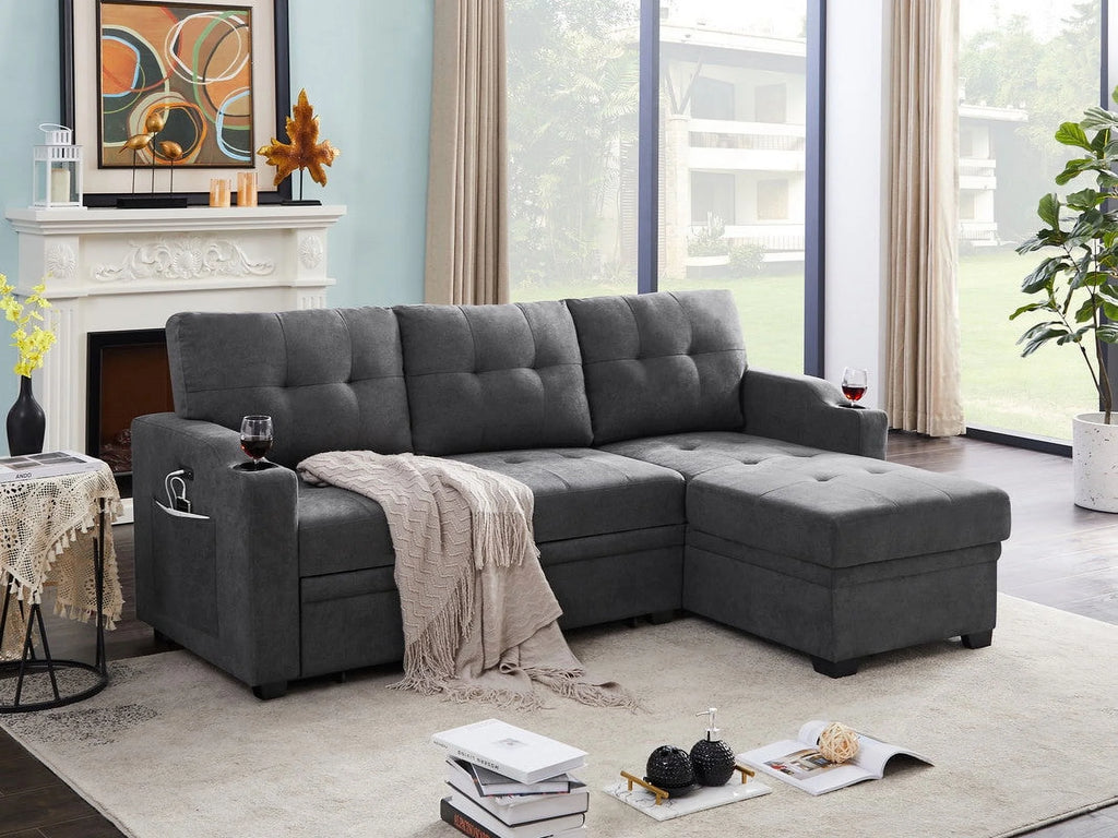 Dark Gray Woven Fabric Sleeper Sectional with Cupholder, USB Charging Port and Pocket Q5181