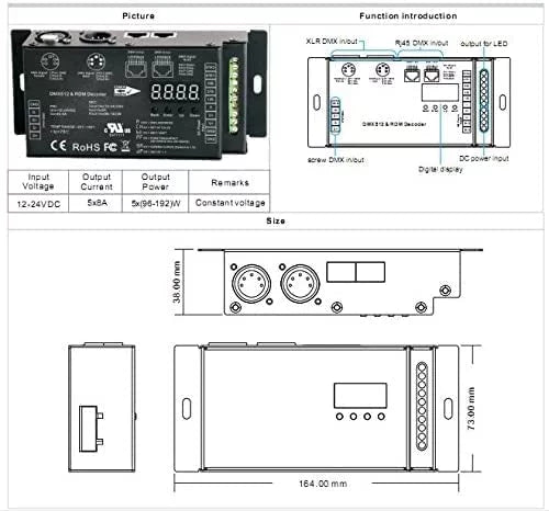 5 Channel CV DMX RDM Digital PWM Decoder 8/16 bits RGB RGBW LED Controller 5x8A Dimmer P195