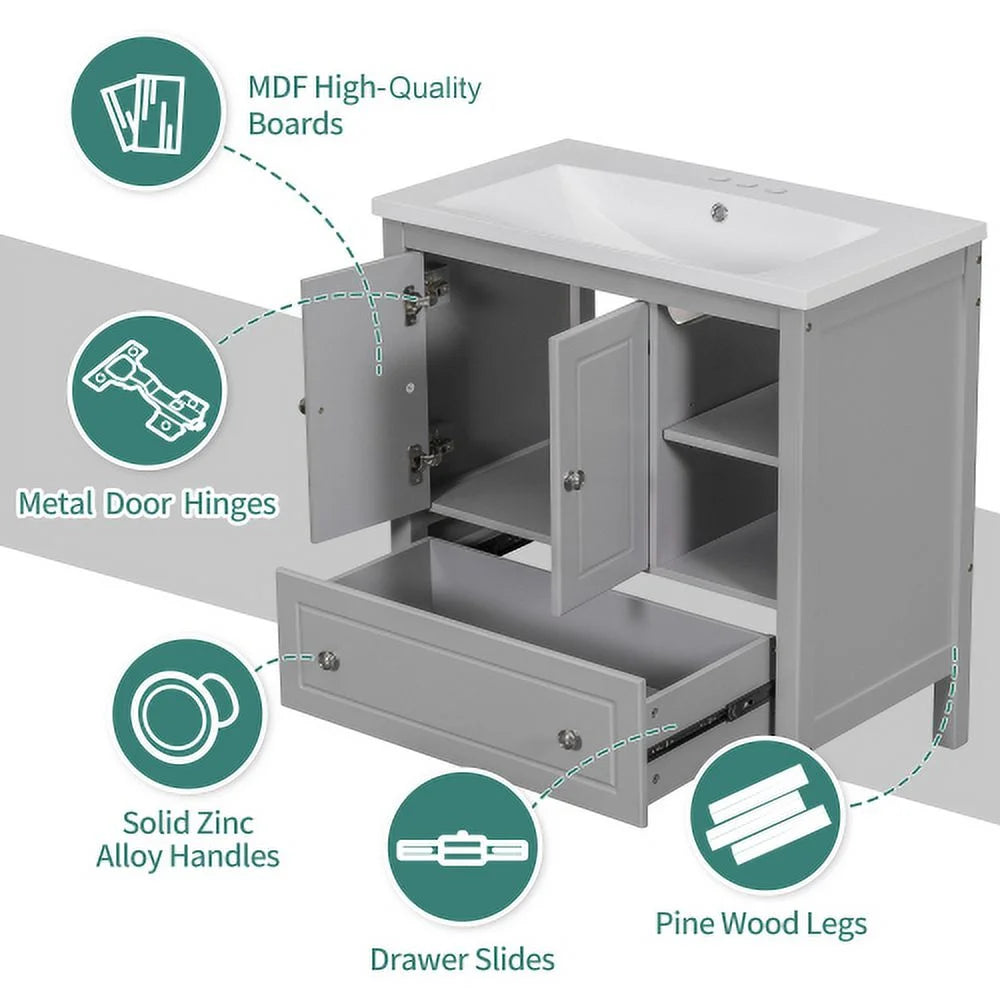 30" Grey Solid Wood Bathroom Vanity Base Only N9654