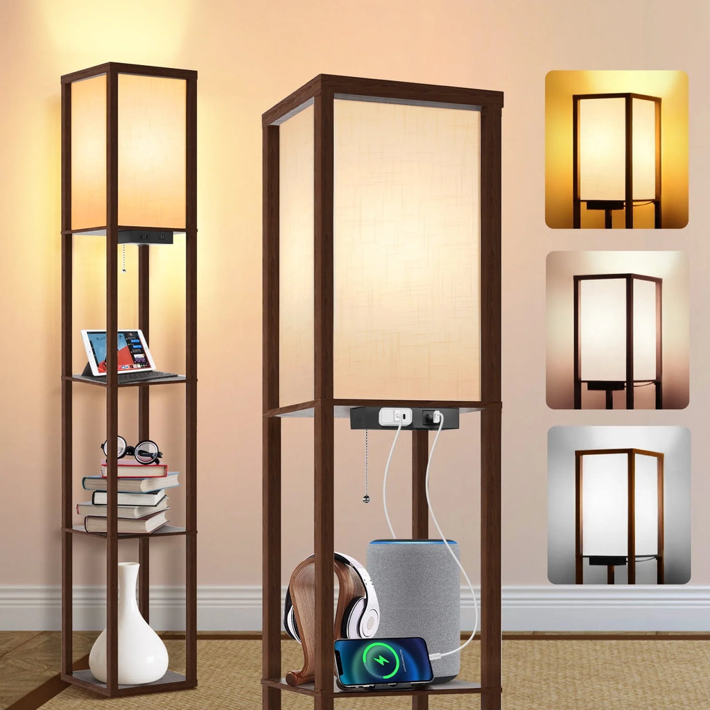 Floor Lamp with Shelves, USB Port, Linen Shade B67670