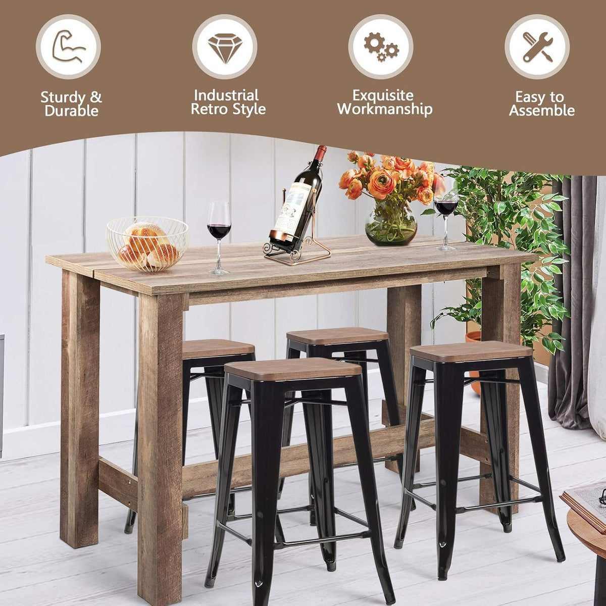 5 Pcs Industrial Counter Height Dining Table Set with 4 Metal Backless Barstools J691807