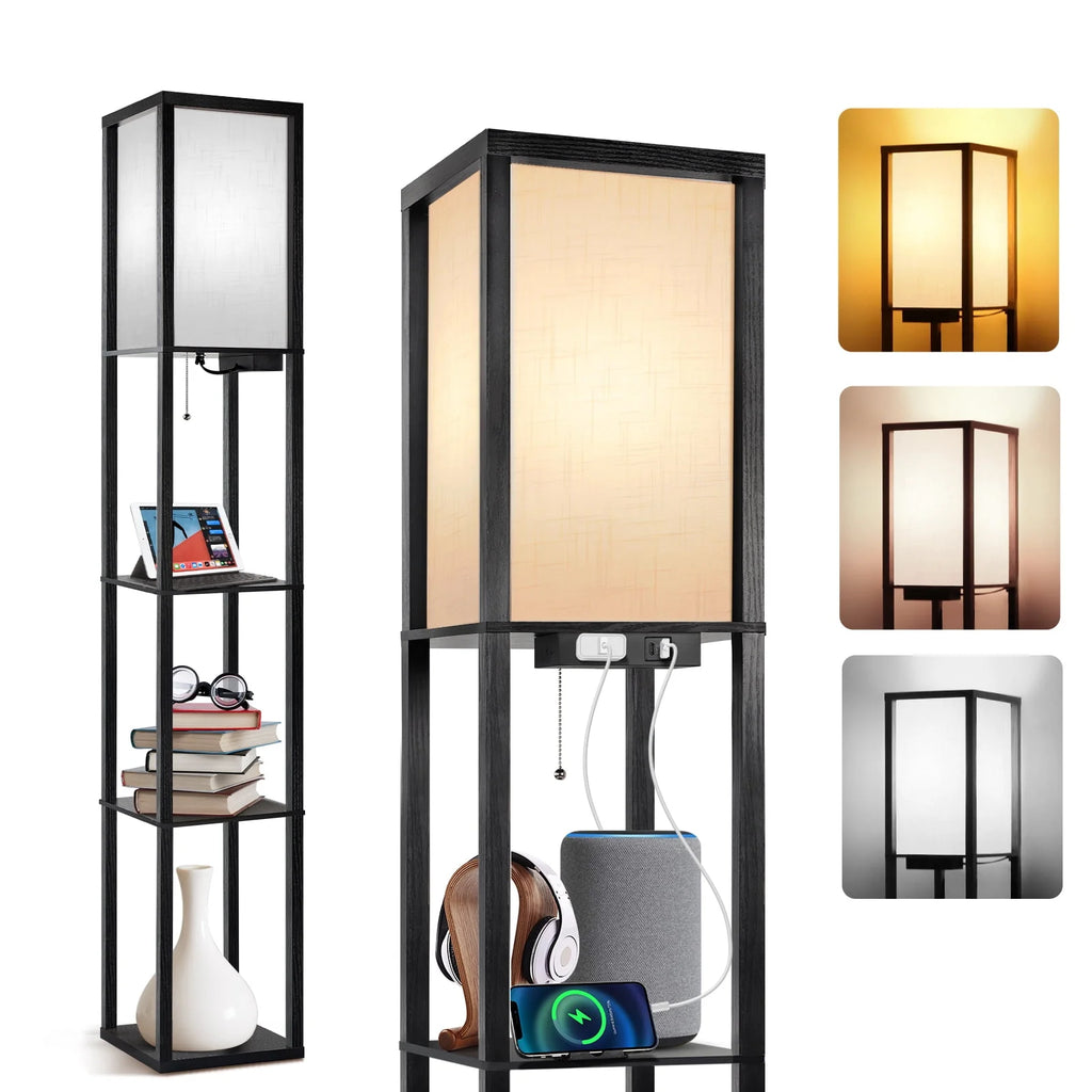 Floor Lamp with Shelves, USB Port, Linen Shade B67670