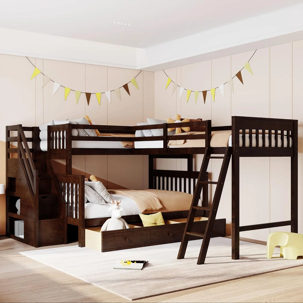 L Shaped Bunk Bed with 3 Drawers and Stairs L75581