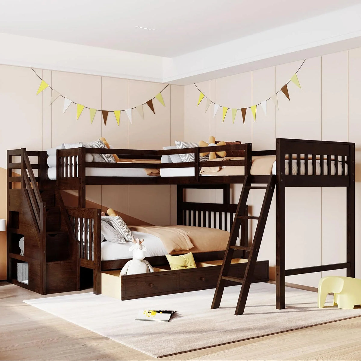 L Shaped Bunk Bed with 3 Drawers and Stairs L75581