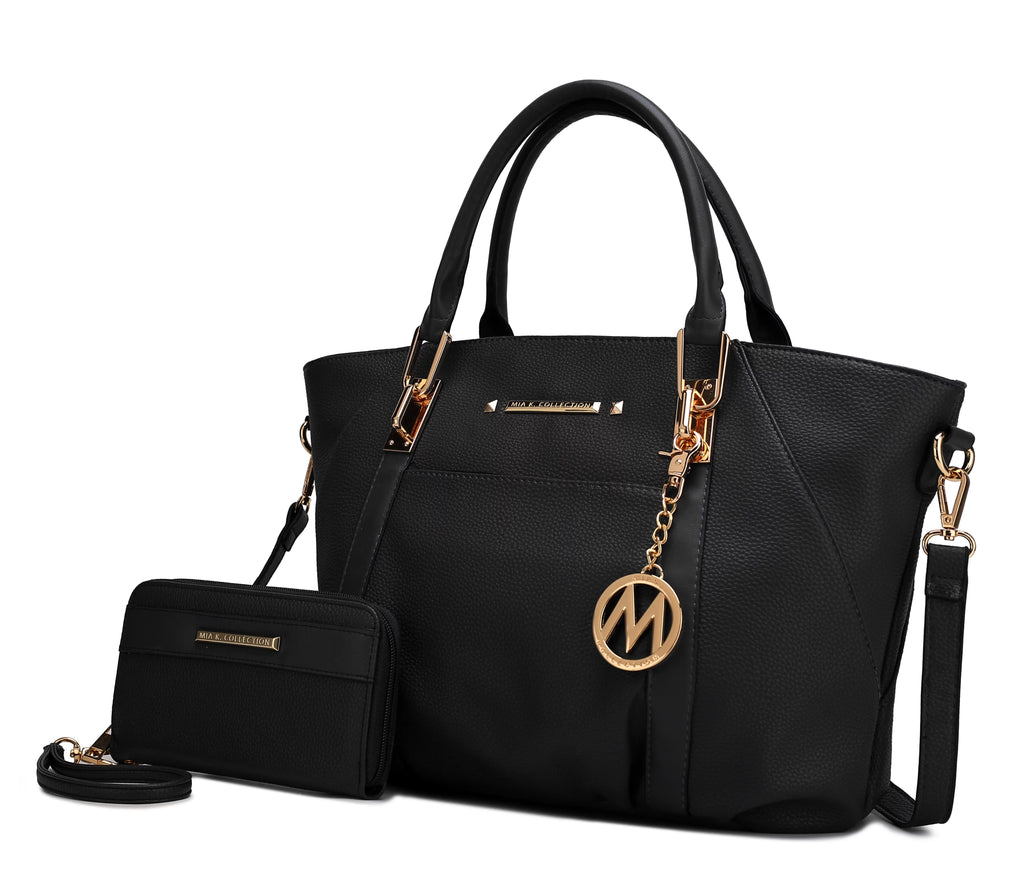 Black Vegan Leather Satchel Handbag & Wallet Set D82117