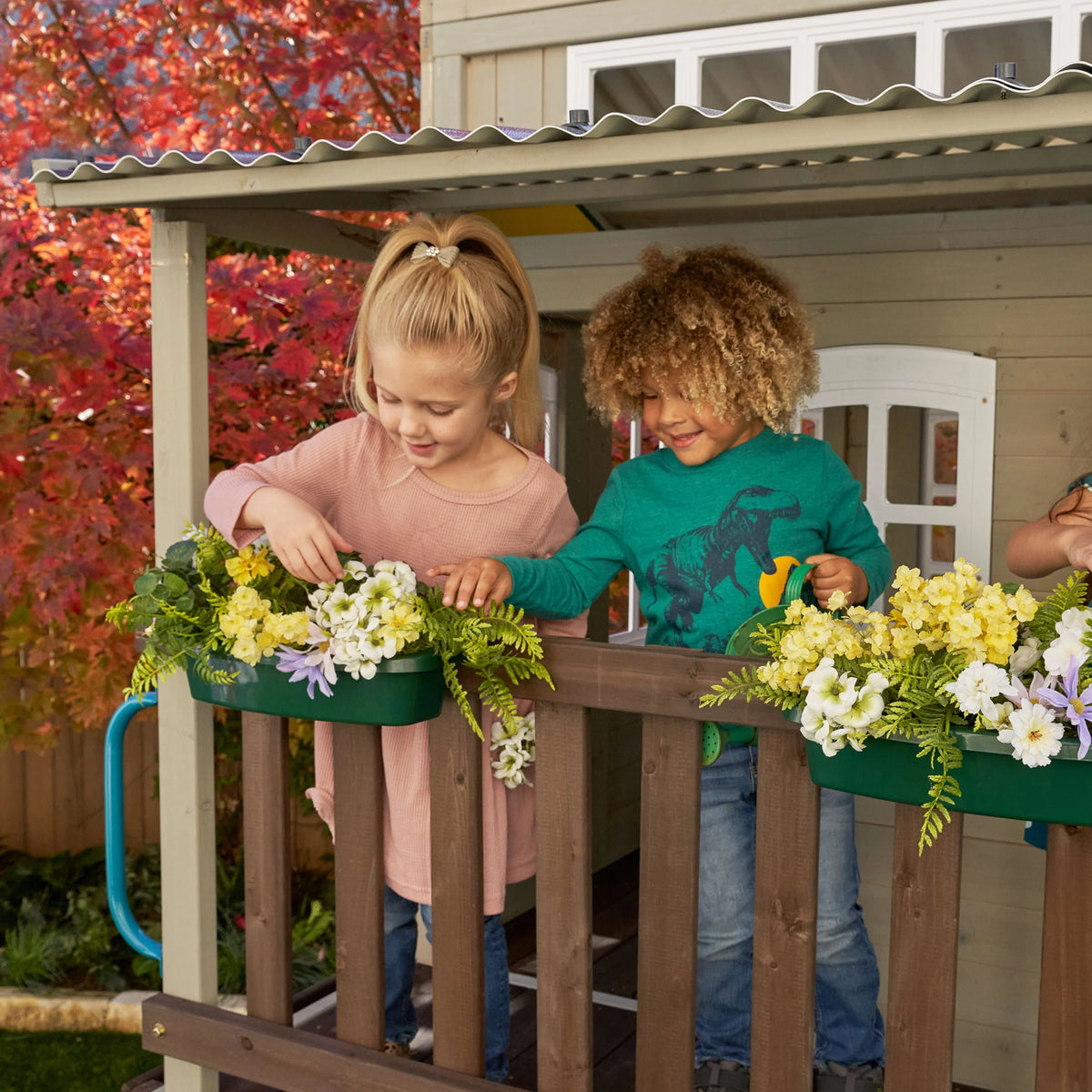 Wooden Outdoor Two-Story Playhouse with Slide, Kitchen, Rock Wall and Bench H791