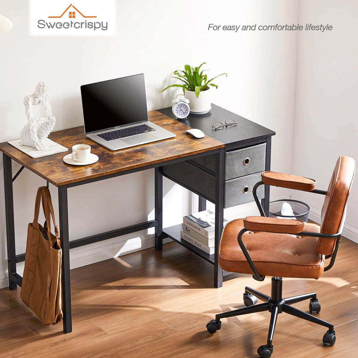 Black Rustic 55In Writing Desk with 2-Tier Drawers A6327