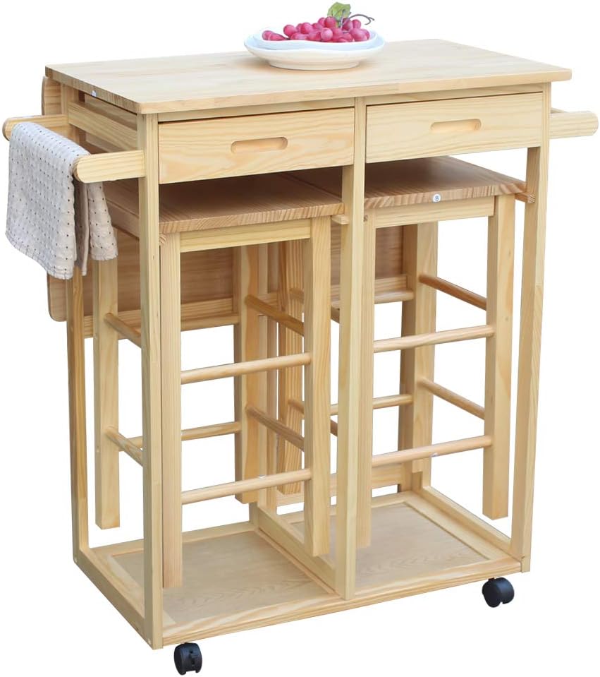 Foldable Dining Table Set with 2 Stools and 2 Drawers Solid Wood Drop Leaf Table S7838