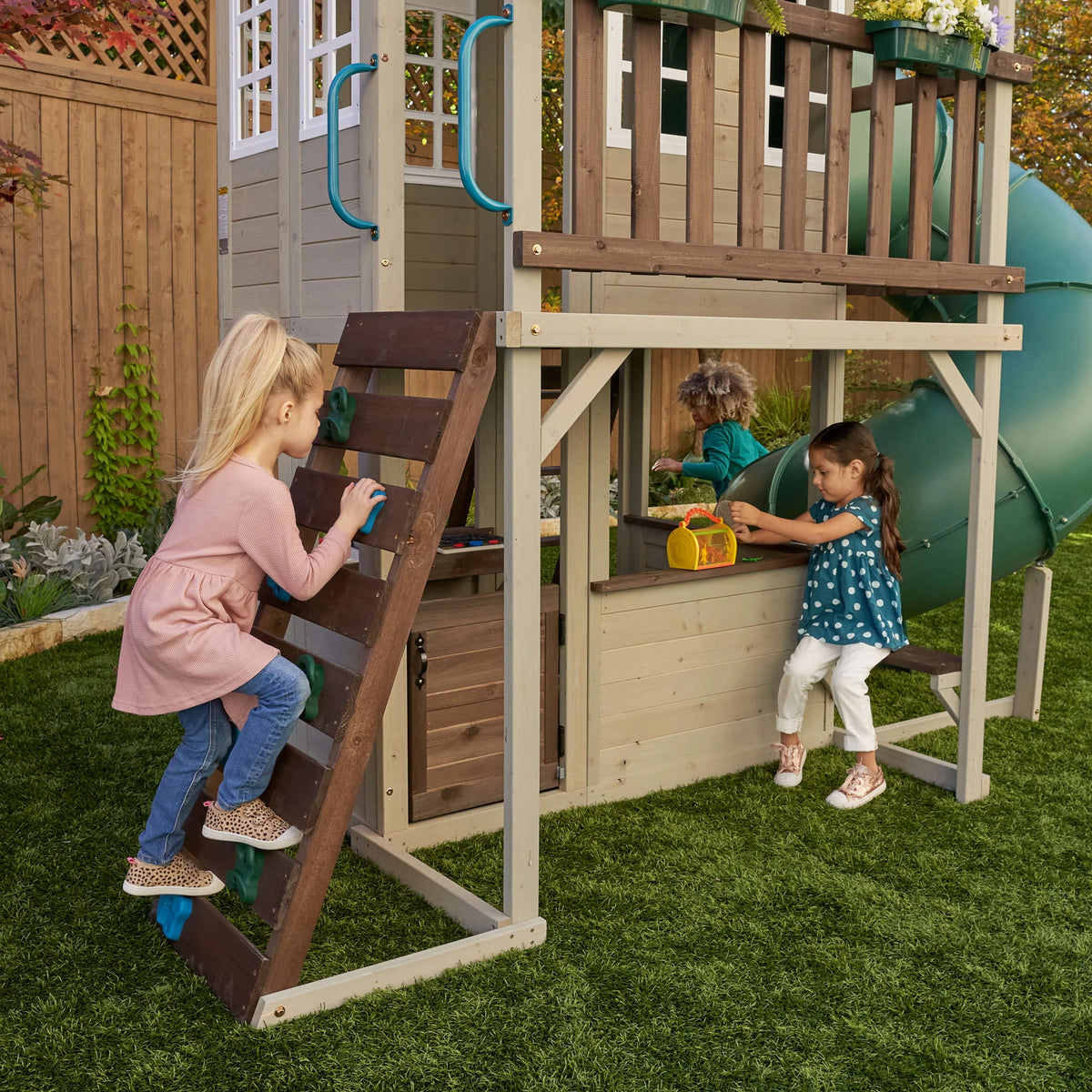 Wooden Outdoor Two-Story Playhouse with Slide, Kitchen, Rock Wall and Bench H791