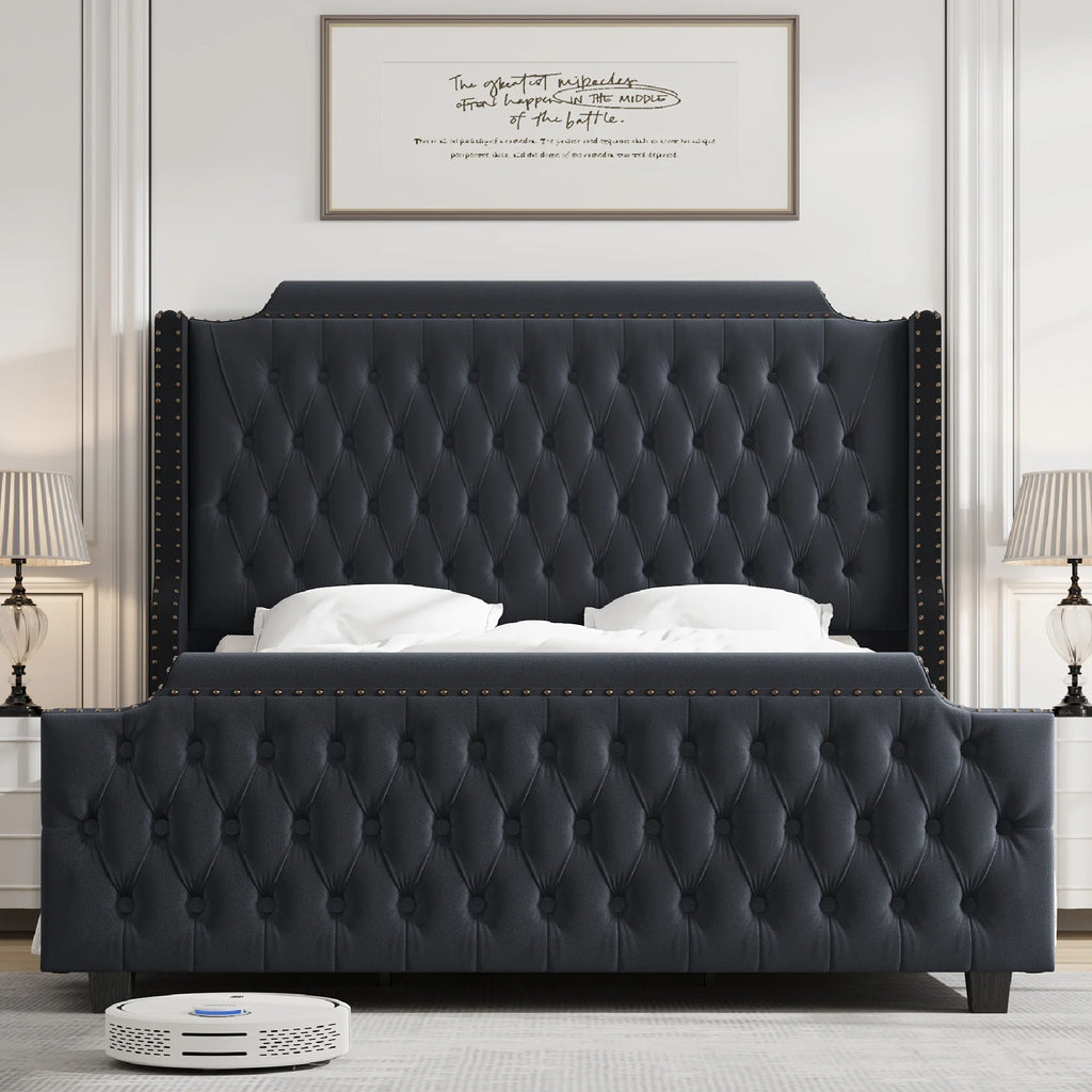 Queen Size Velvet Button Tufted Upholstered Bed with Headboard and Footboard M226073