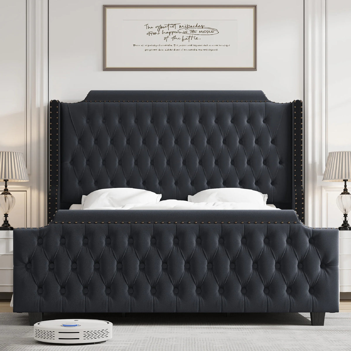 Queen Size Velvet Button Tufted Upholstered Bed with Headboard and Footboard M226073