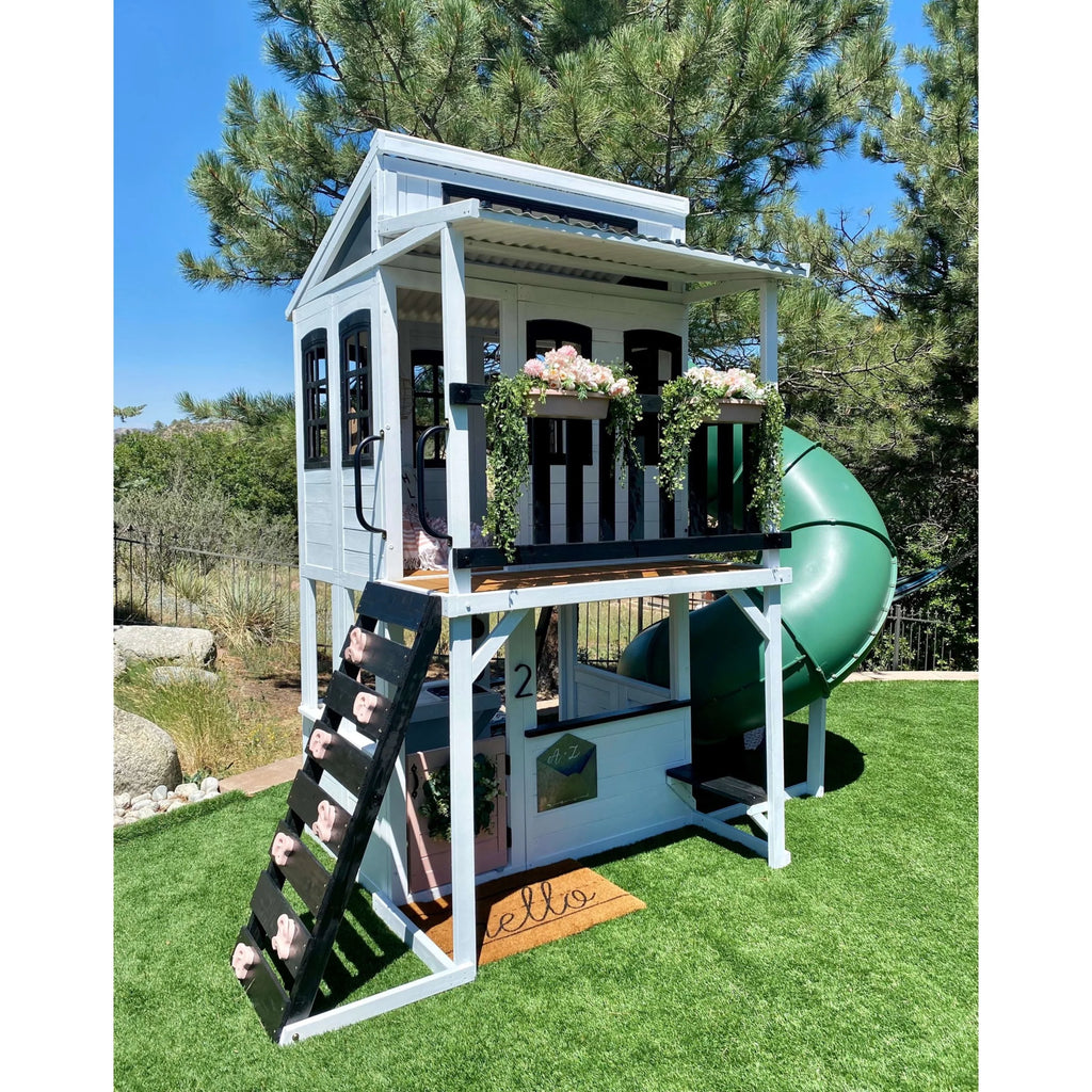 Wooden Outdoor Two-Story Playhouse with Slide, Kitchen, Rock Wall and Bench H791