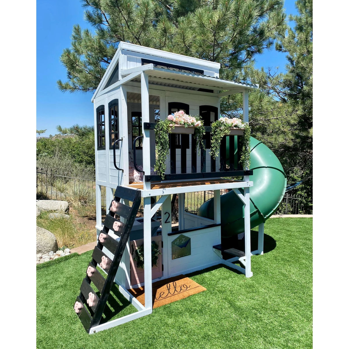 Wooden Outdoor Two-Story Playhouse with Slide, Kitchen, Rock Wall and Bench H791