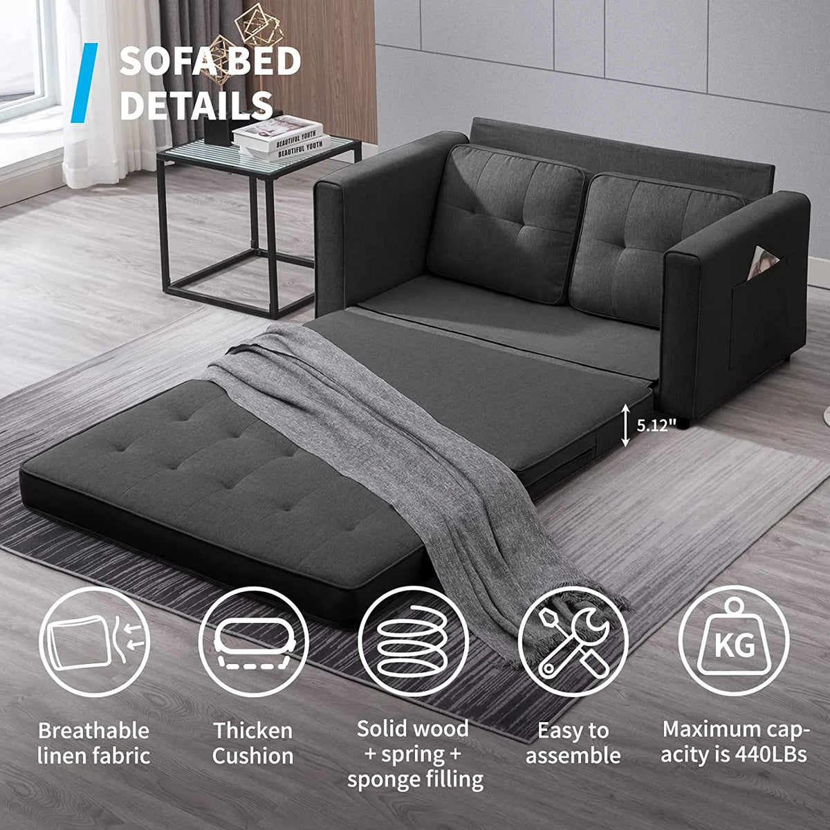 Dark Grey 3-in-1 Sleeper Sofa Bed J2195