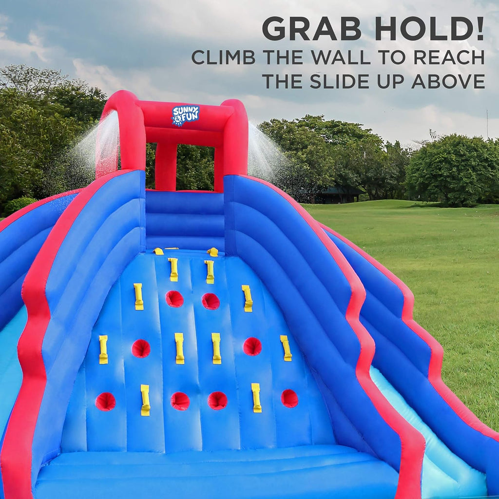 Inflatable Water Slide Park with Climbing Wall, Two Slides & Splash Pool, Nylon, with Air Pump & Carrying Case S674
