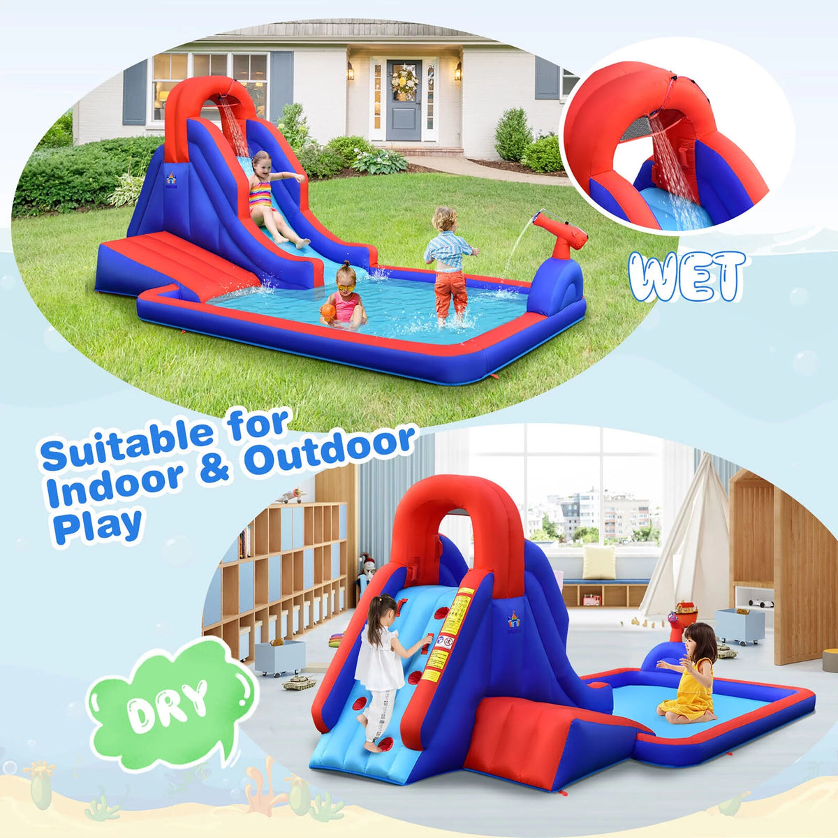 Inflatable Water Slide Park with Climb Slide Pool & 2 Swim Rings U312170
