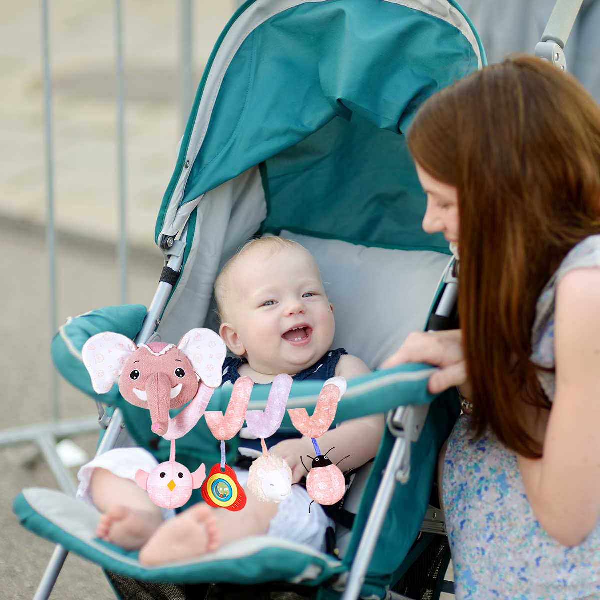 Pink Elephant Baby Car Seat Toys with Musical Owl Rattle U2388