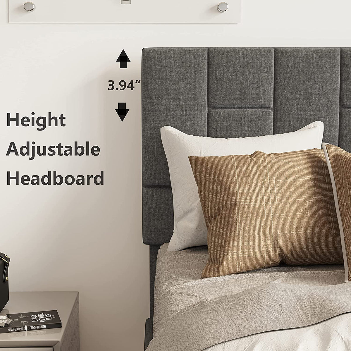 Grey Twin Bed Frame with Upholstered Headboard and Under-bed Drawer Z508