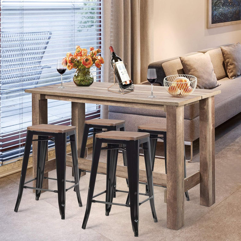 5 Pcs Industrial Counter Height Dining Table Set with 4 Metal Backless Barstools J691807